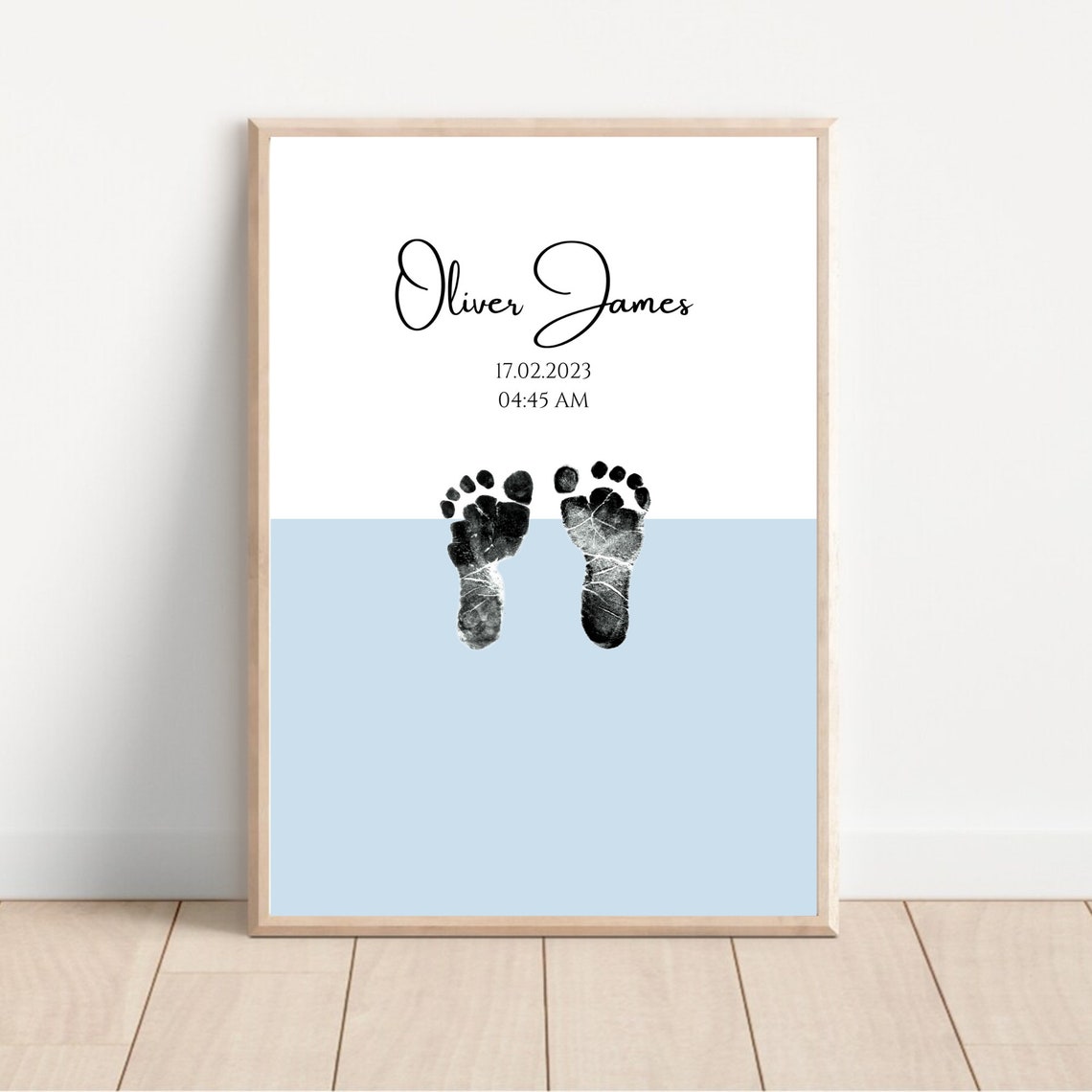 Personalized Minimal Baby Footprint Birth Print Sky Blue Wall Art