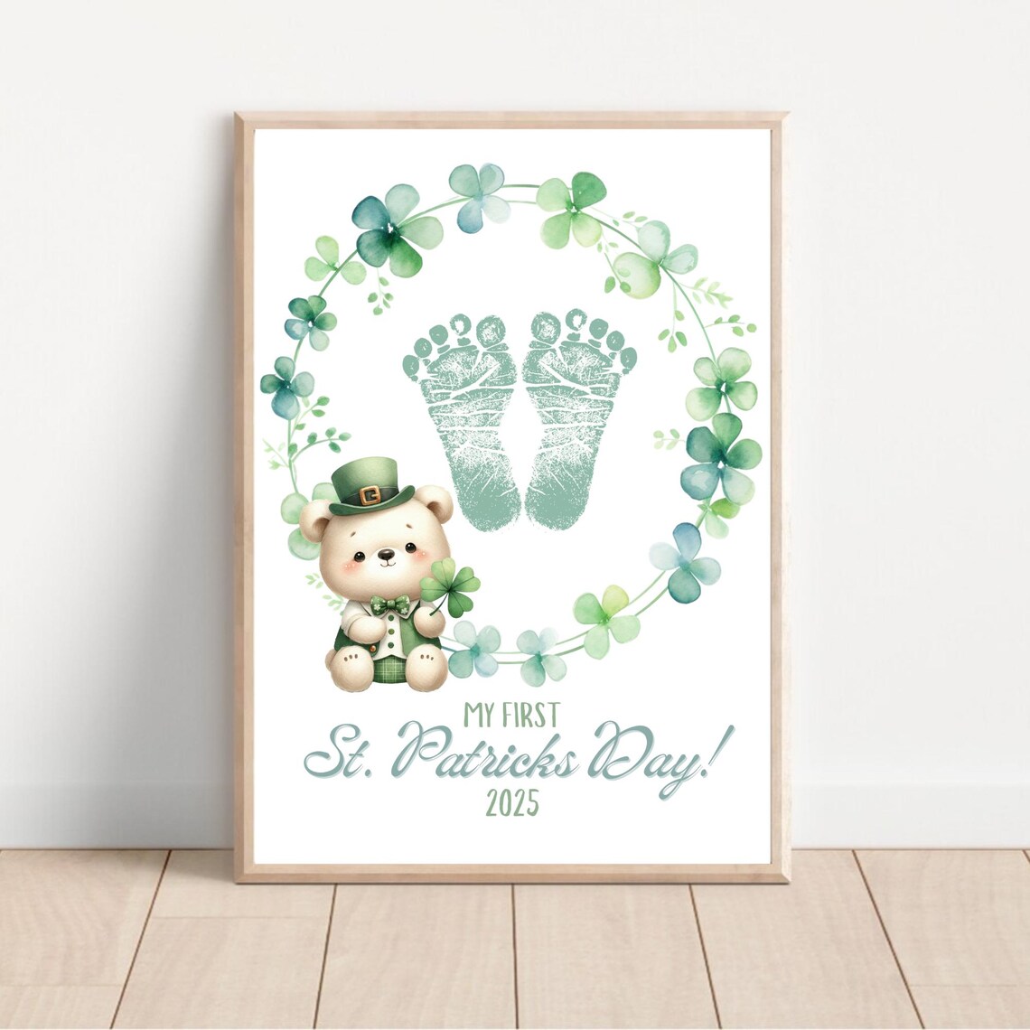 My First St Patricks Day Baby Footprint Shamrock Bear Keepsake Wall Art - Image 2