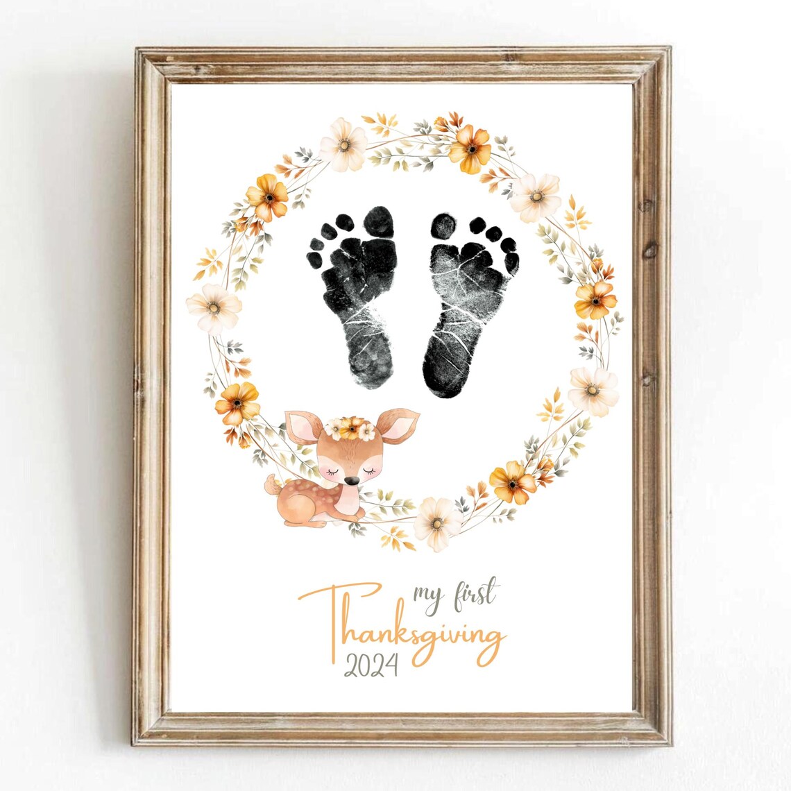 Baby Footprint First Thanksgiving Fawn Floral Wreath Keepsake Poster