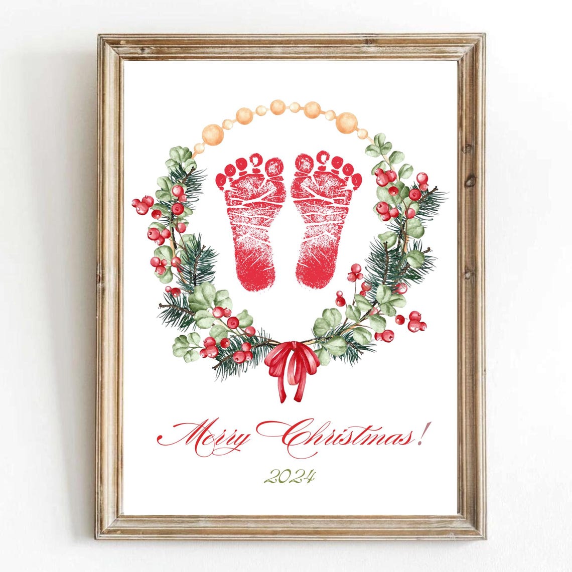 Baby Footprint First Christmas Red Berry Wreath Keepsake Poster