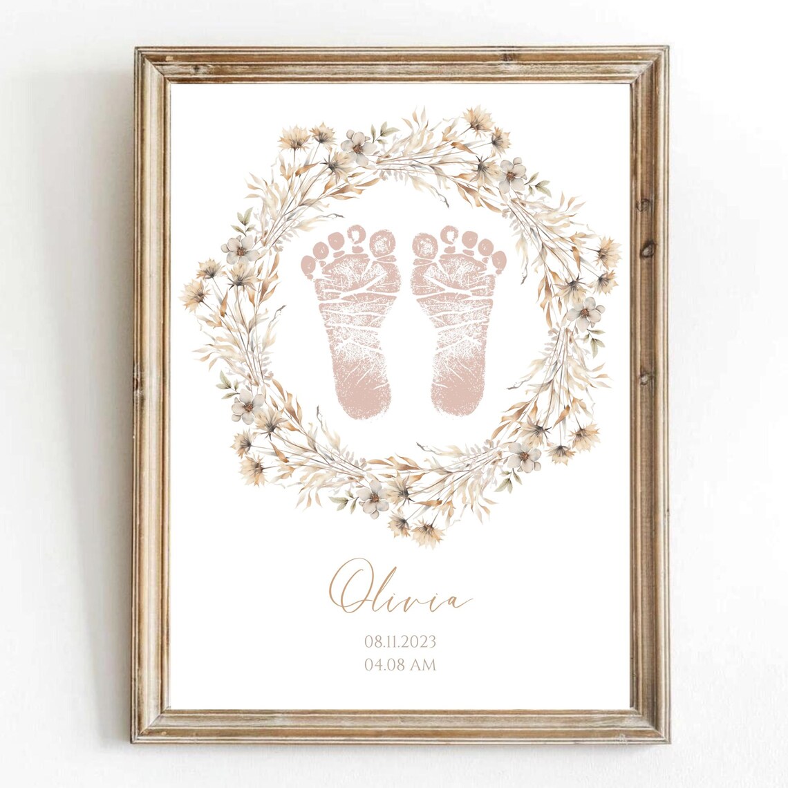 Floral Beige Baby Footprints Keepsake, Nursery Design