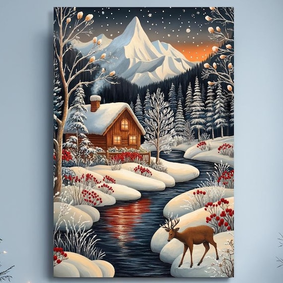Snowy Mountain Cabin With Deer By Winter Stream Christmas Wall Art
