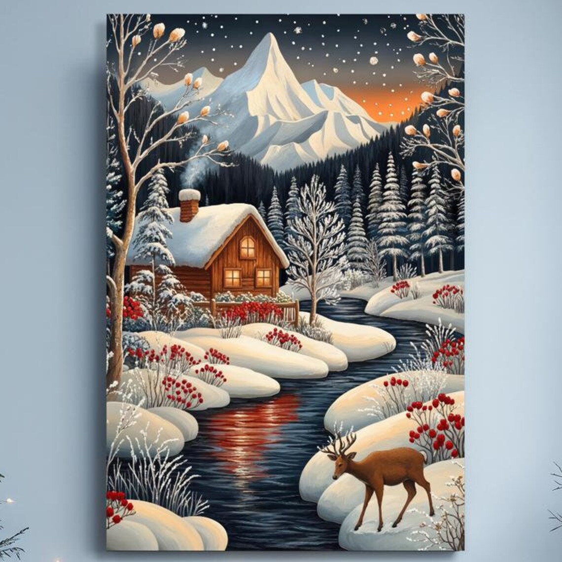 Snowy Mountain Cabin With Deer By Winter Stream Christmas Wall Art