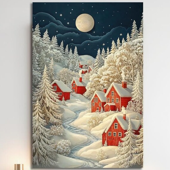 Winter Moonlit Village Snowy Red Houses Full Moon Night Scene Poster