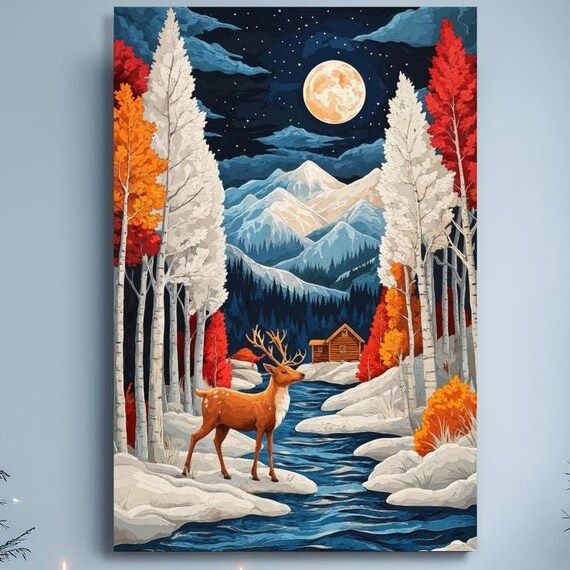 Moonlit Forest Landscape Canvas Wall Art Deer By Mountain Stream Painting Print Rustic Cabin Decor Winter Woods Poster Ready To Hang