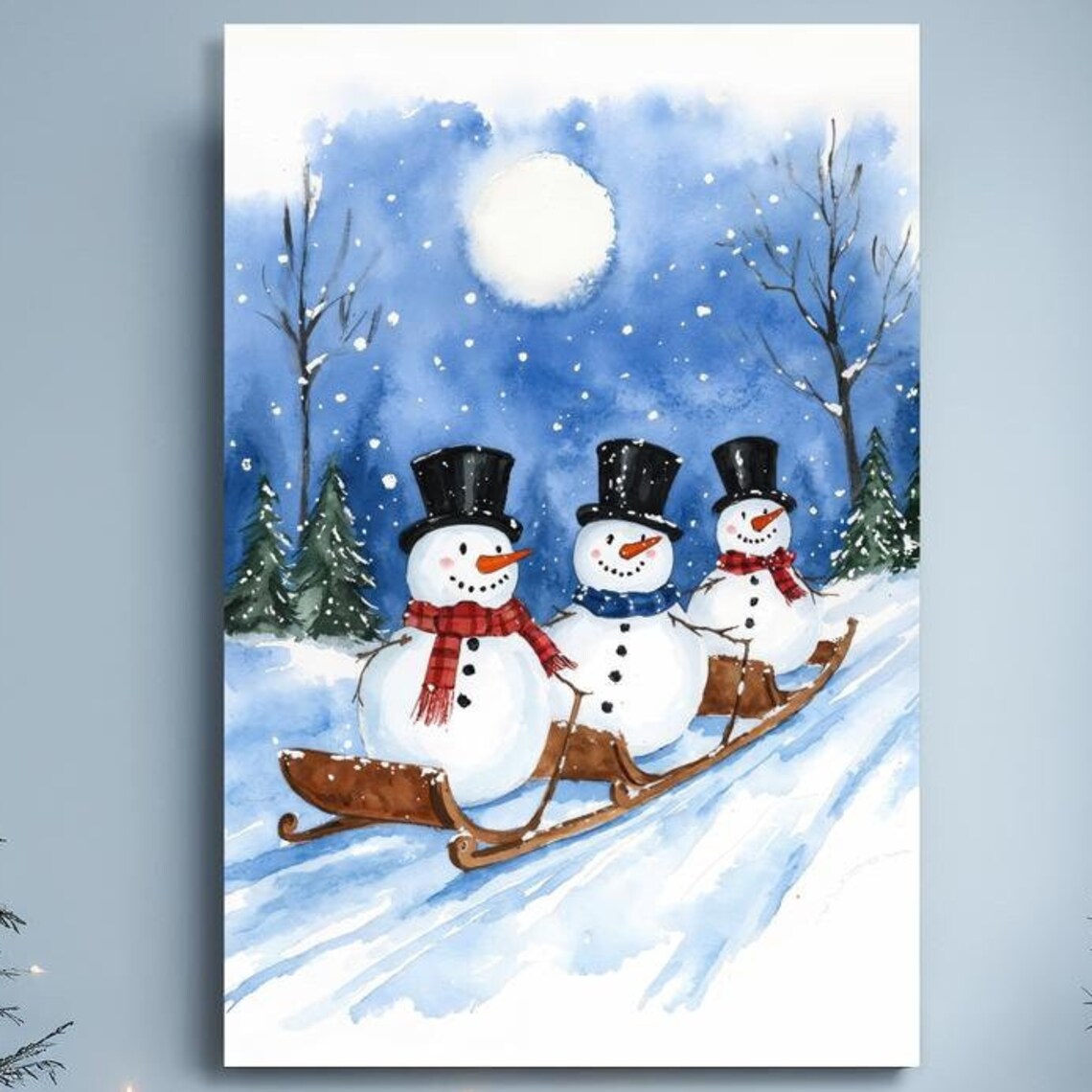 Three Snowmen Sledding Down Hill Moonlit Night Christmas Poster