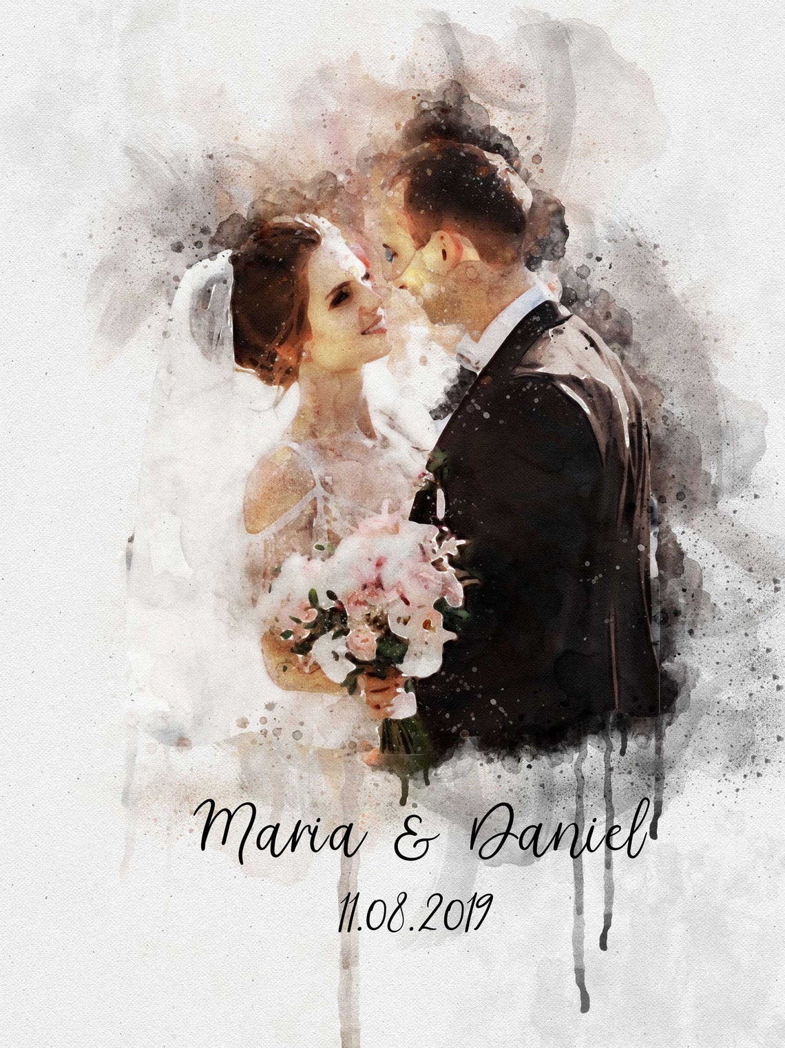 Watercolor Bride Groom Portrait Wedding Date Keepsake Poster