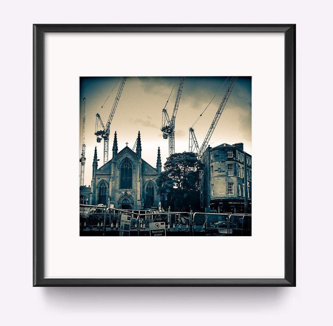 Restricted Access Church Cranes Moody Sepia Photography Art Print