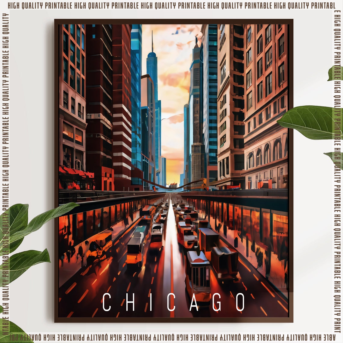 Chicago Downtown Street Skyline Sunset Travel Poster Home Decor - Image 2