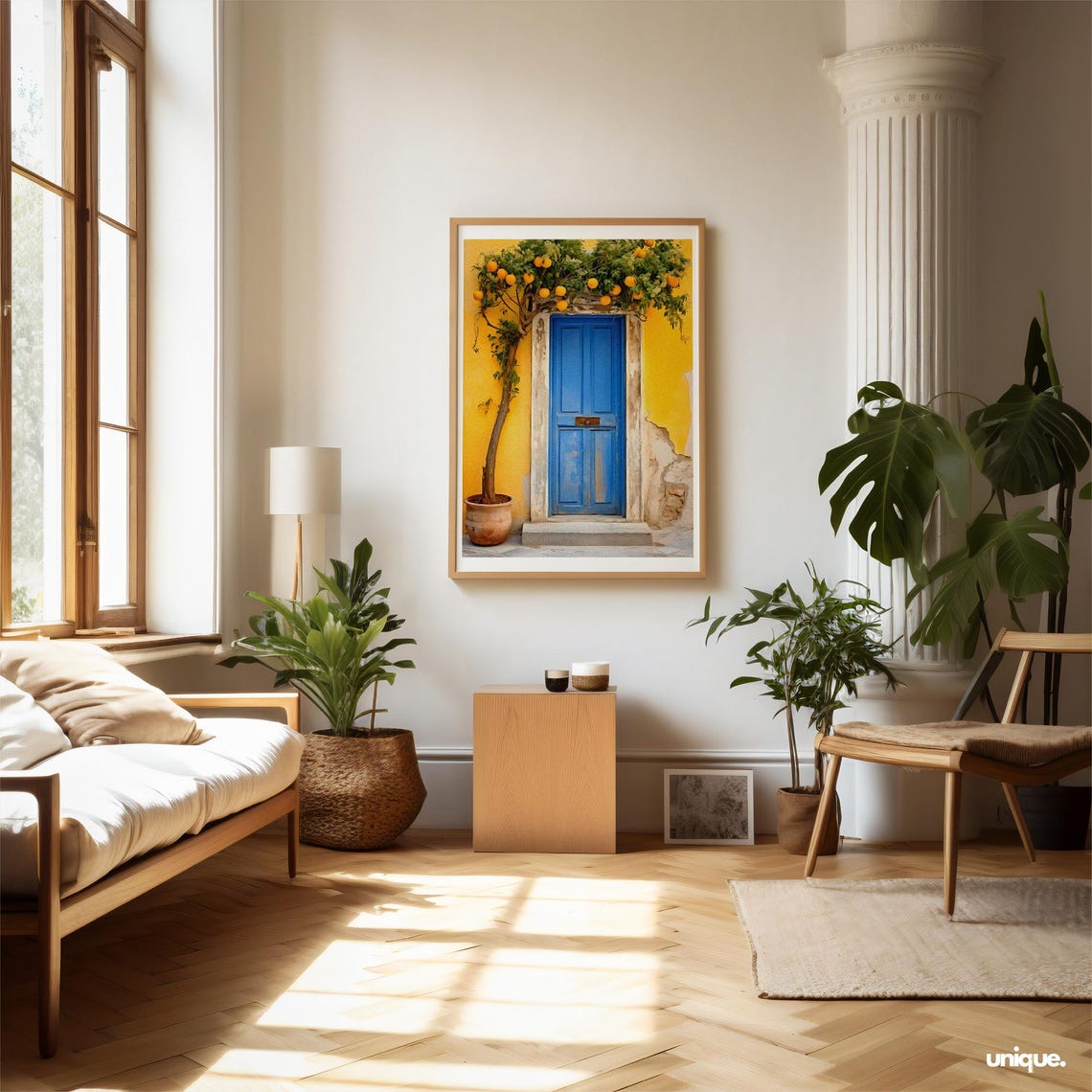 Blue Door Orange Tree Mediterranean Sunlit Vintage Wall Poster