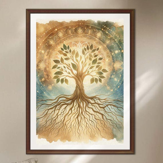 Tree of Life Watercolor Mandala Roots Golden Spiritual Art Poster