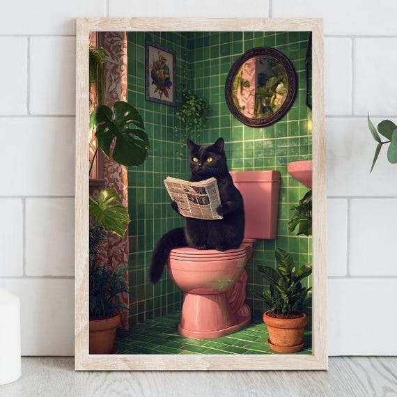 Funny Black Cat Bathroom Print, Retro