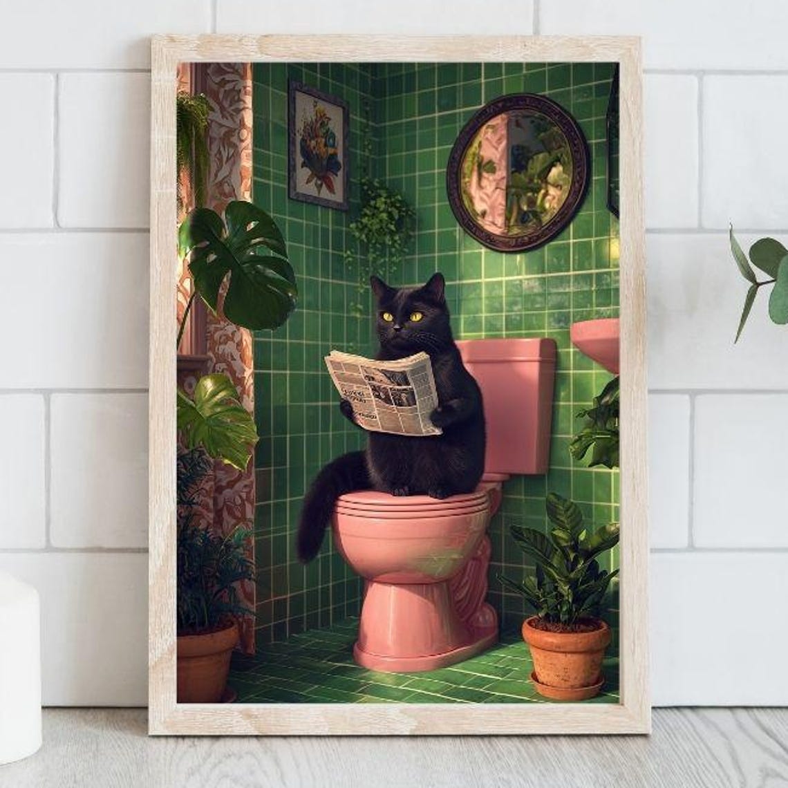 Funny Black Cat Bathroom Print, Retro