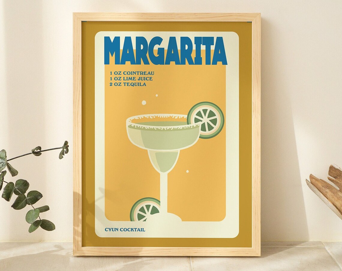 Margarita Cocktail Recipe Retro Bar Print Tequila Lime Gold Yellow