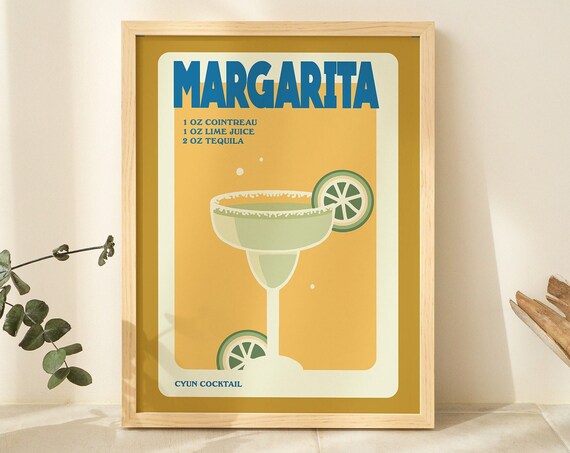 Margarita Cocktail Recipe Retro Bar Print Tequila Lime Gold Yellow