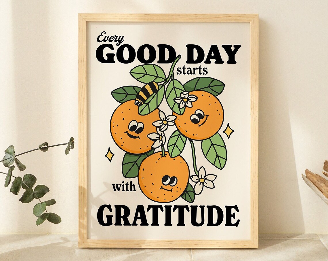 Retro Gratitude Print, Colorful Fruit Botanical Art
