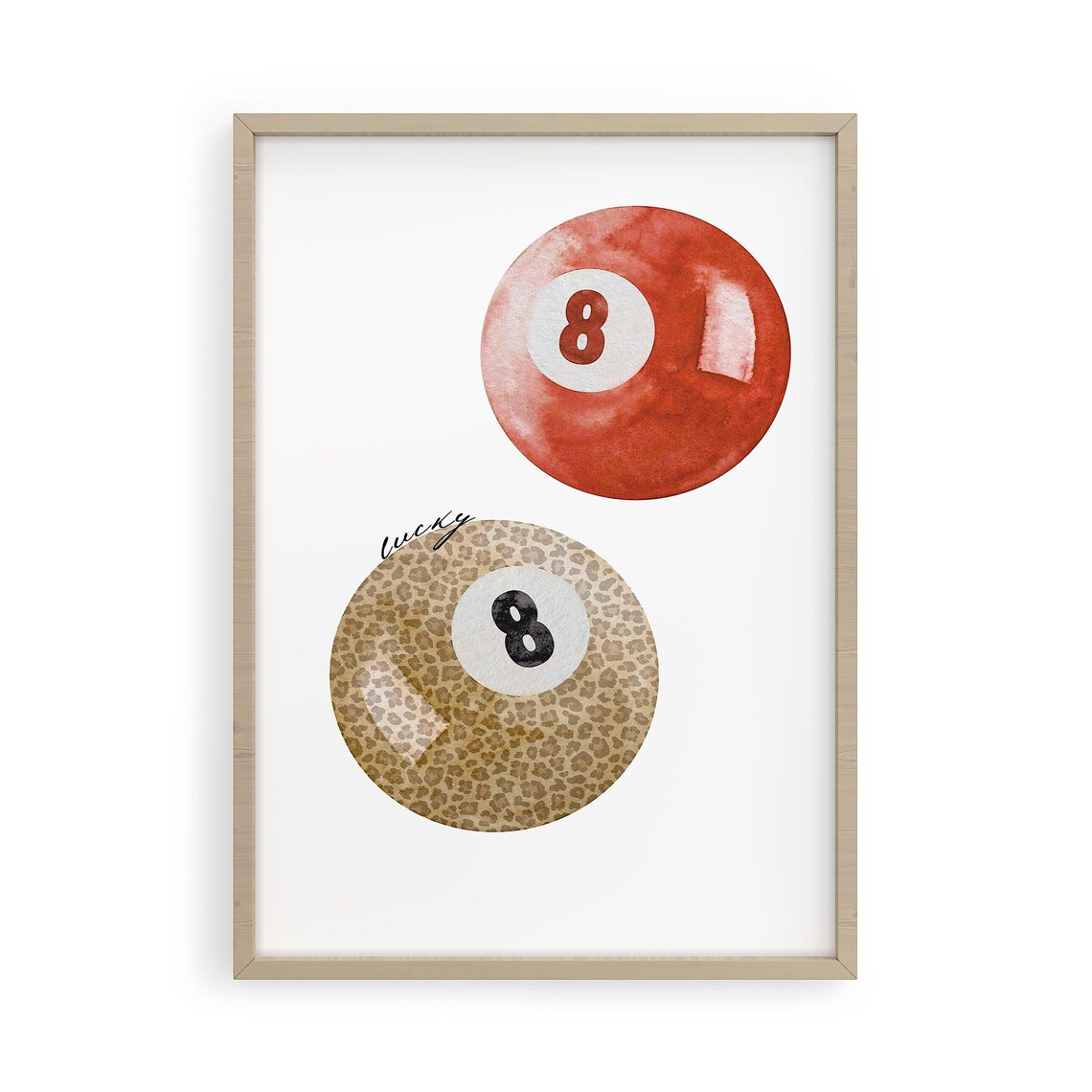 Lucky Leopard and Red Watercolor Eight Ball Game Room Trendy Poster
