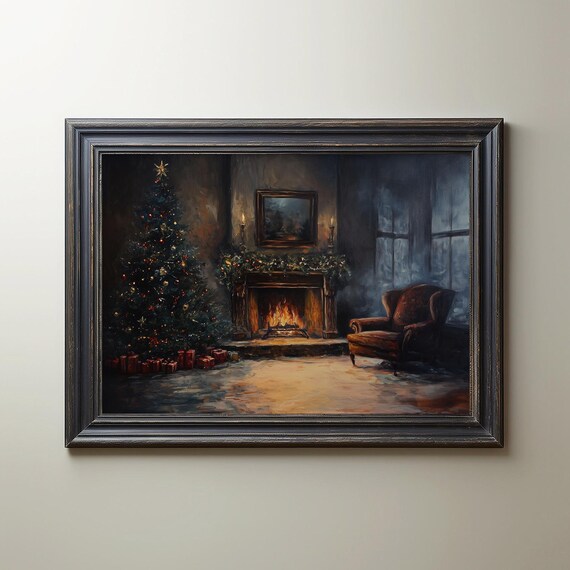 Vintage Moody Christmas Fireplace Painting Cozy Winter Night Poster