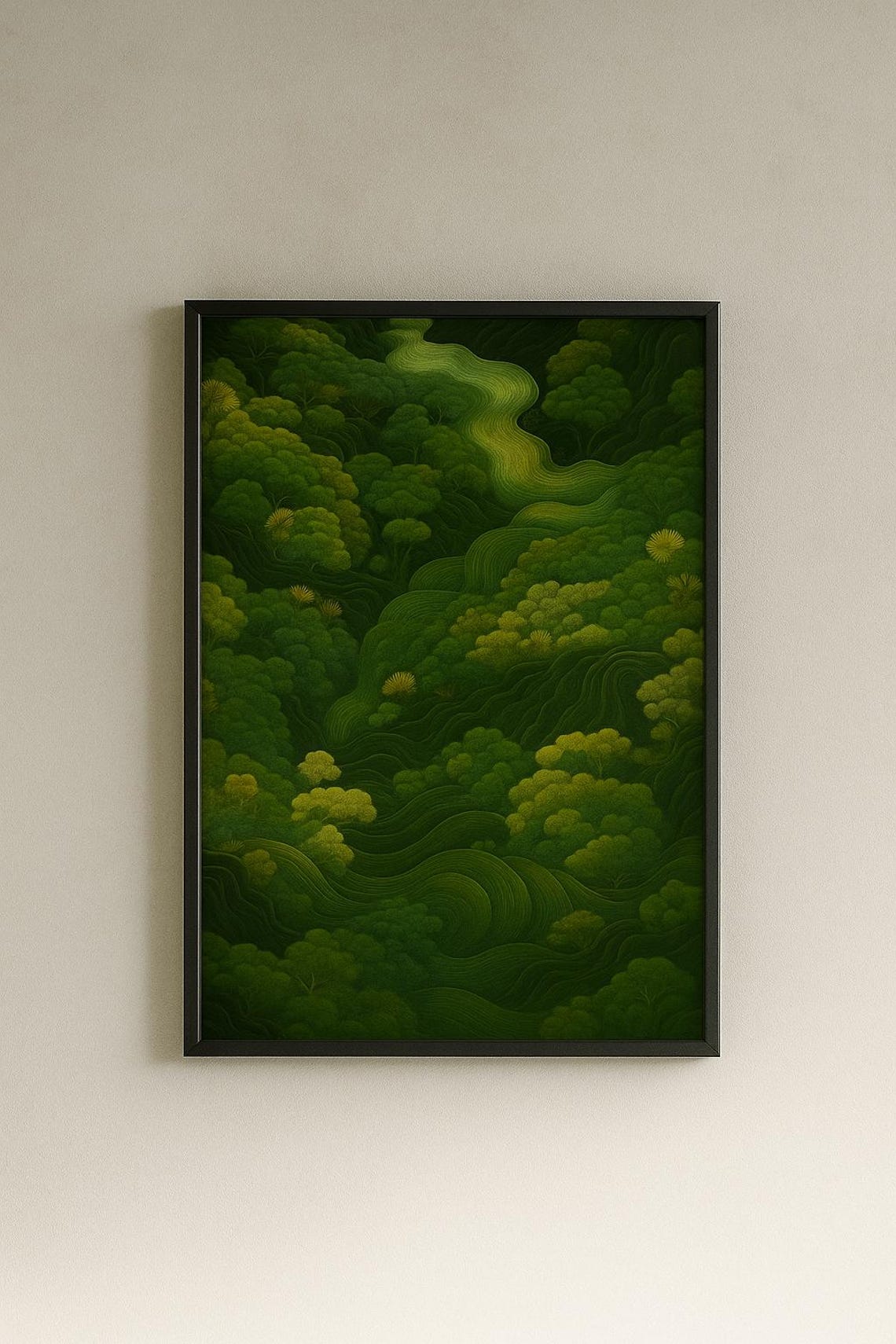 Serene Japanese Forest Green Canopy Wavy River Abstract Wall Art