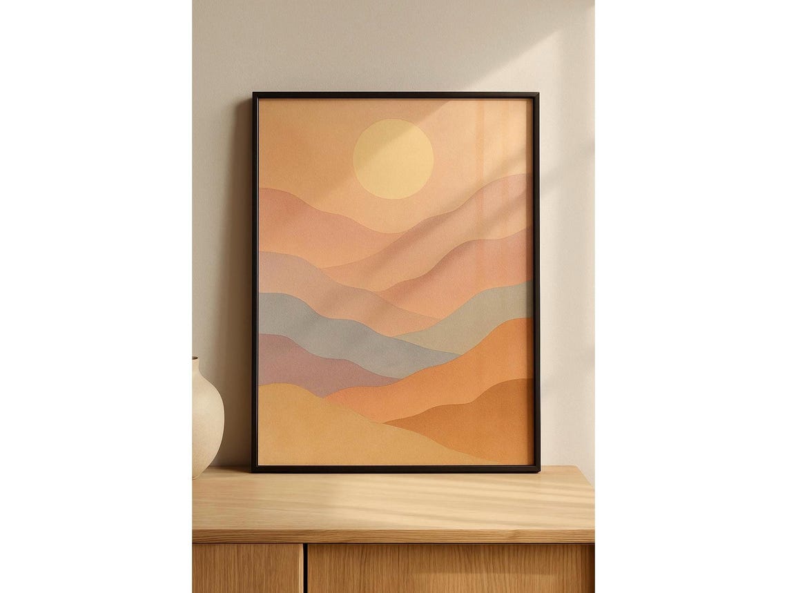 Pastel Sunset Layered Mountains Minimalist Landscape Wall Art