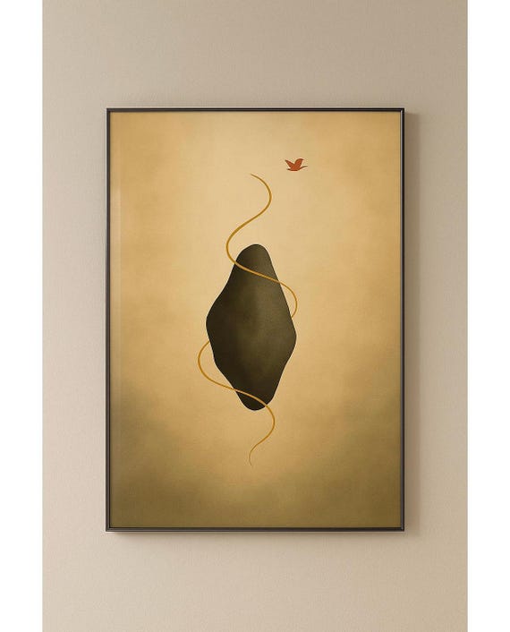 Japandi Wabi Sabi Art Print Zen Rock Bird