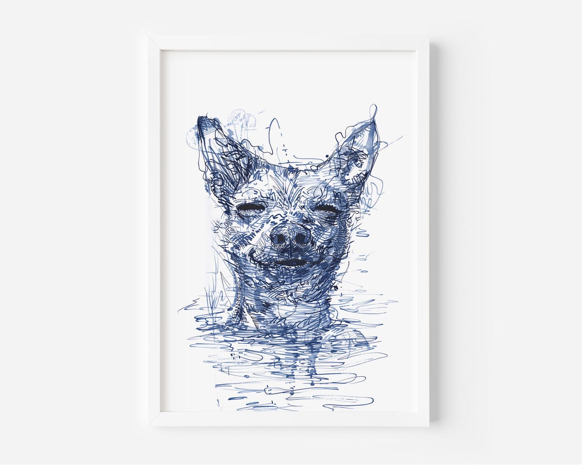 Perfectly Content Smiling Dog Navy Blue Line Happy Sketch Art Poster