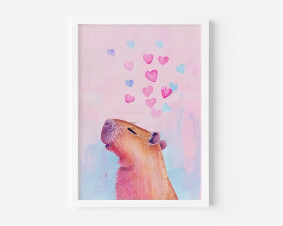 Capybara in Love Pink Hearts Cute Valentines Animal Art Poster