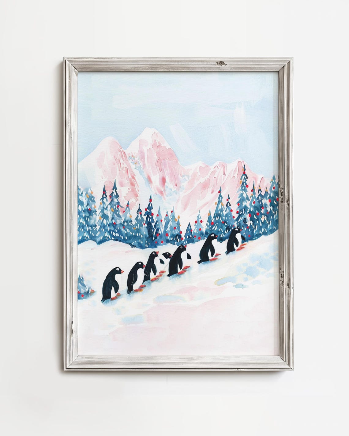 Penguins Marching Snow Watercolor Cute Winter Bird Art Poster