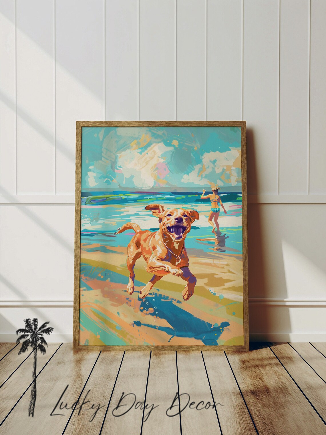 Happy Brown Dog Running on Beach Colorful Coastal Art Poster