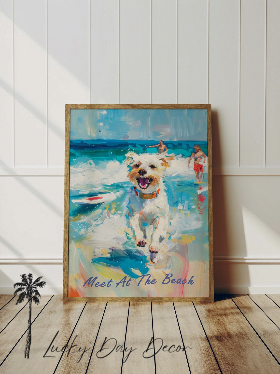 Meet At The Beach Happy Joyful White Terrier Surf Scene Art Poster