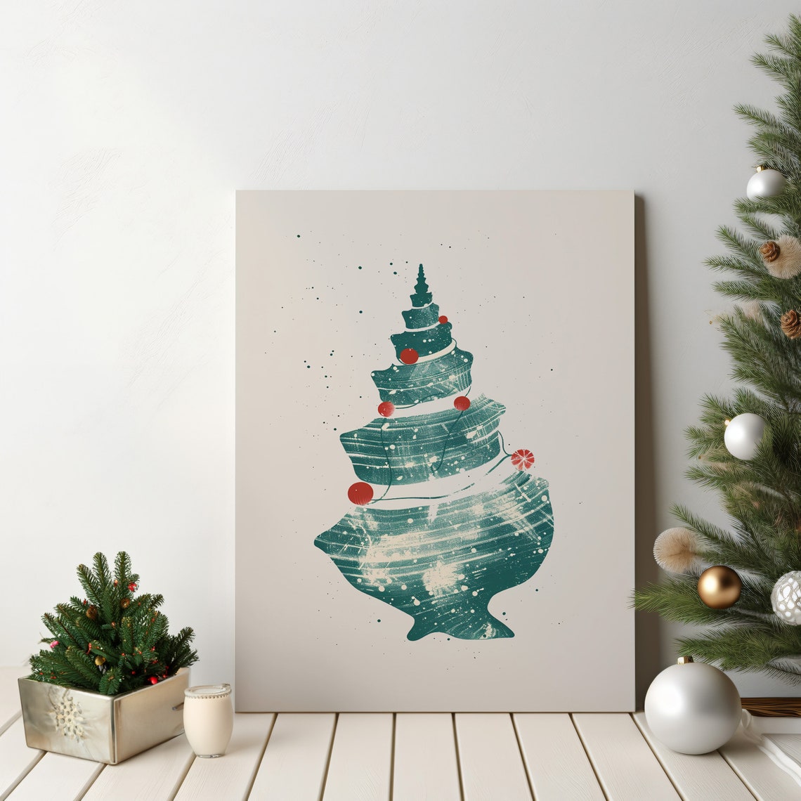 Coastal Christmas Tree Seashell Art Red Ornaments Holiday Decor Poster