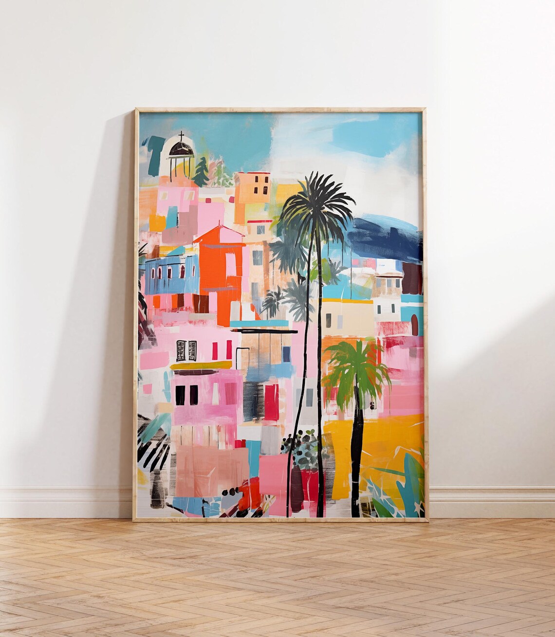 Colorful Abstract Pastel Cityscape Palm Trees Coastal Town Painting Poster