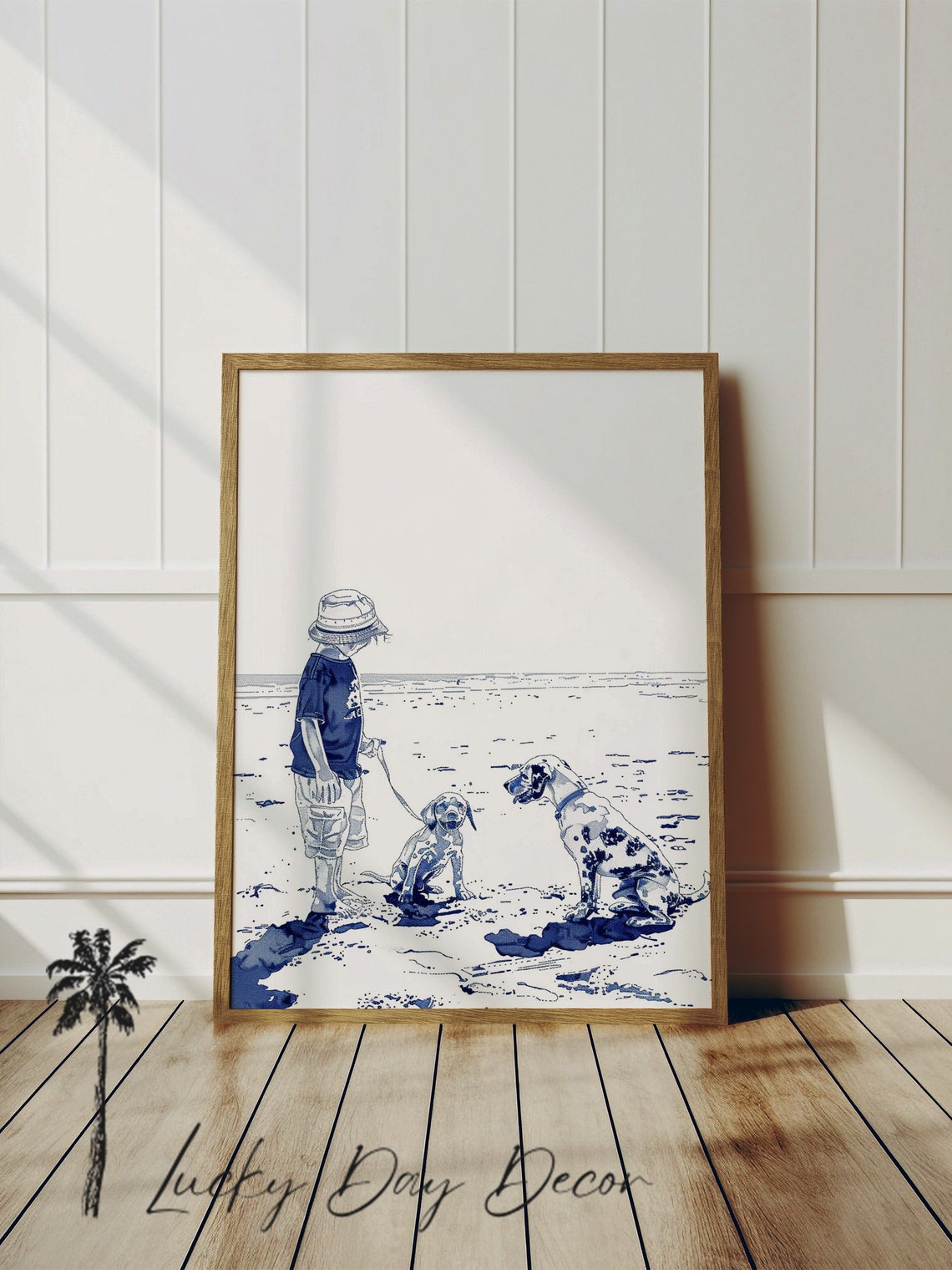 Boy With His Beach Dogs Blue Line Art Coastal Kids Dog Lovers Poster