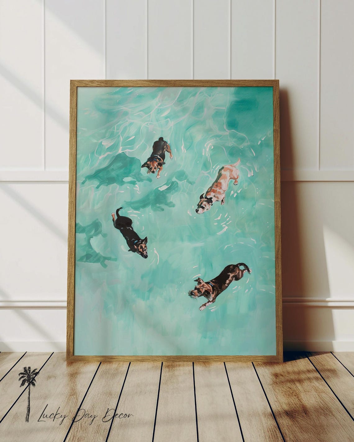 Four Dogs Swimming Turquoise Pool Aerial View Playful Dog Poster
