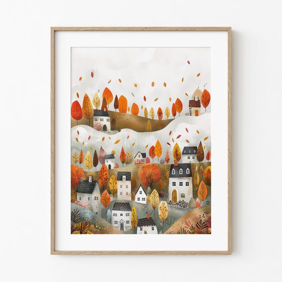 Whimsical Autumn Village Fall Painting Art Rustic Vintage Town Seasonal Wall Decor Cozy Warm Tone