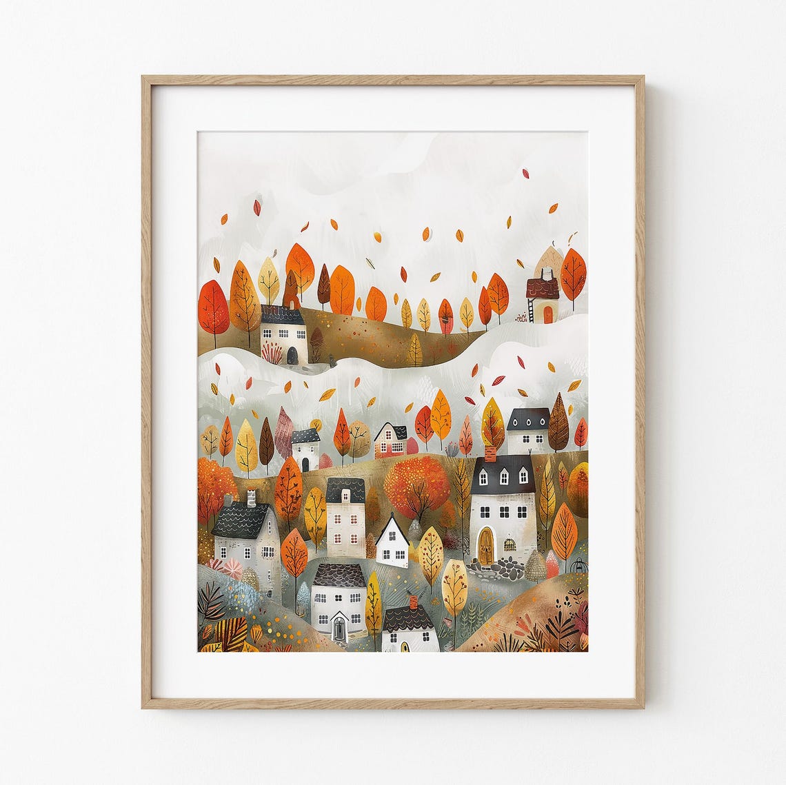 Whimsical Autumn Village Falling Leaves Rustic Fall Wall Art