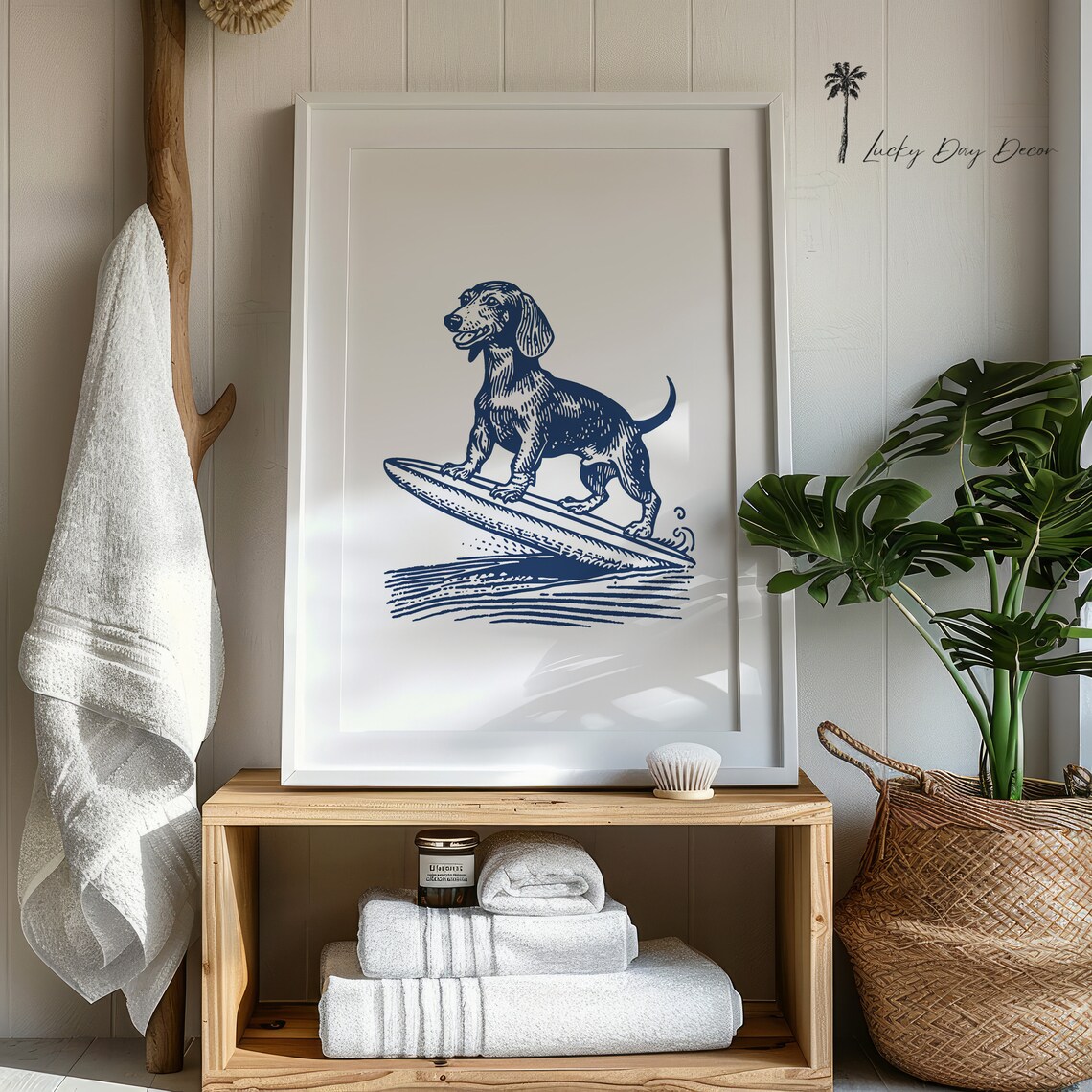 Surfing Dachshund Sketch - Coastal Cottage Art