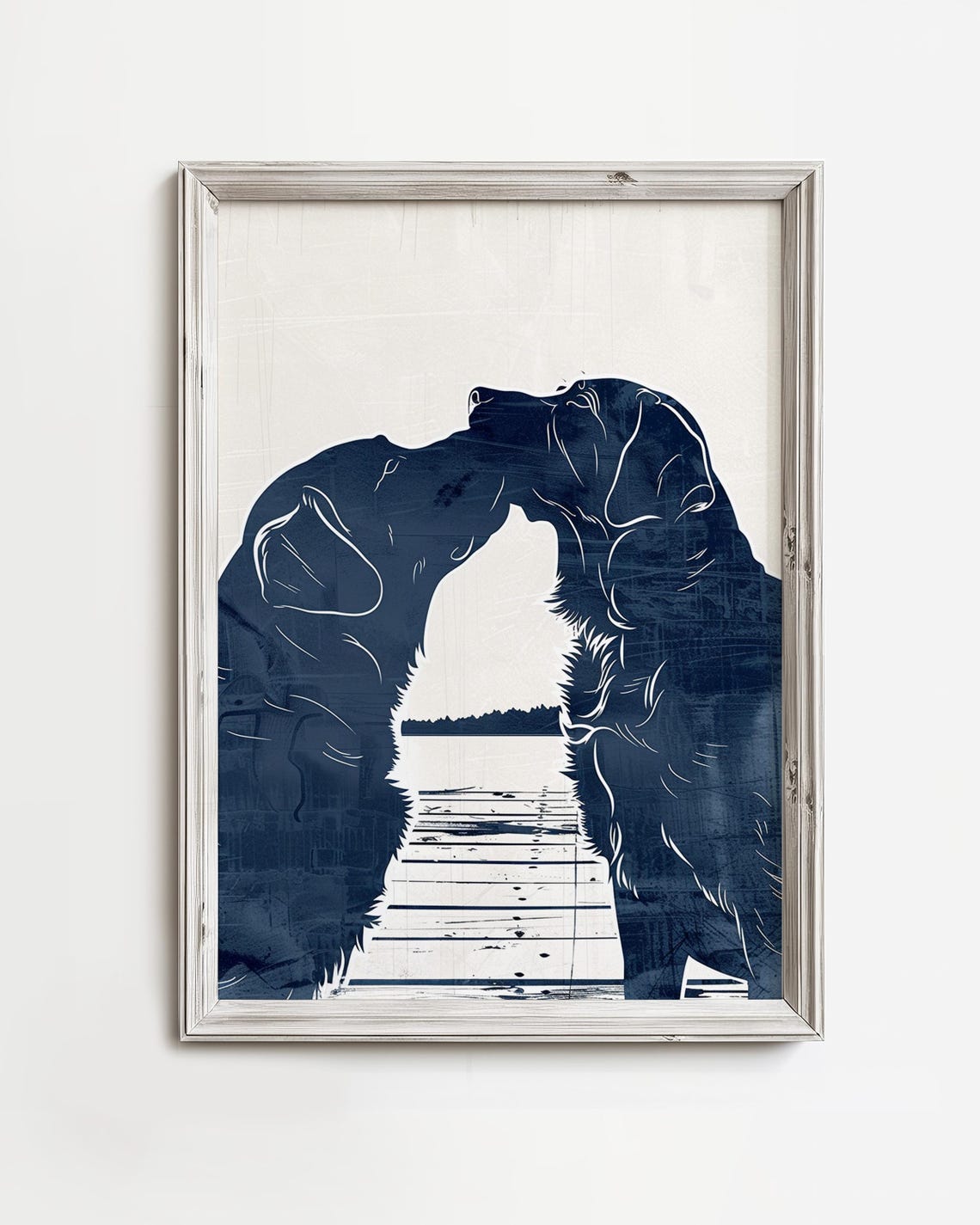Two Labrador Dogs Kissing At Lake Dock Navy Drawing Pet Print