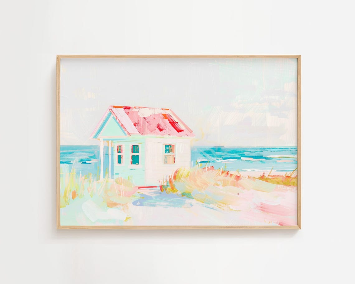 Pastel Beach Cottage Painting Pink Roof Ocean Waves Coastal Wall Art