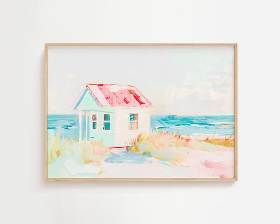 Pastel Beach Cottage Painting Pink Roof Ocean Waves Coastal Wall Art