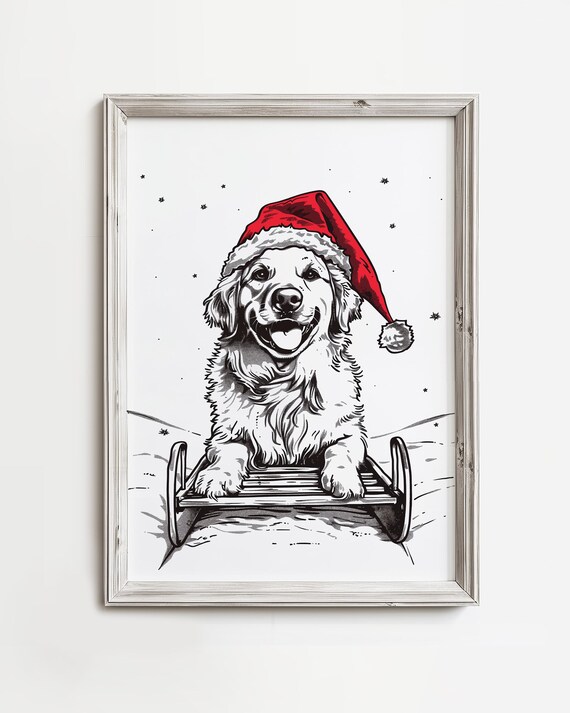 Golden Retriever Puppy Santa Hat Sled Cute Christmas Dog Sketch Wall Art