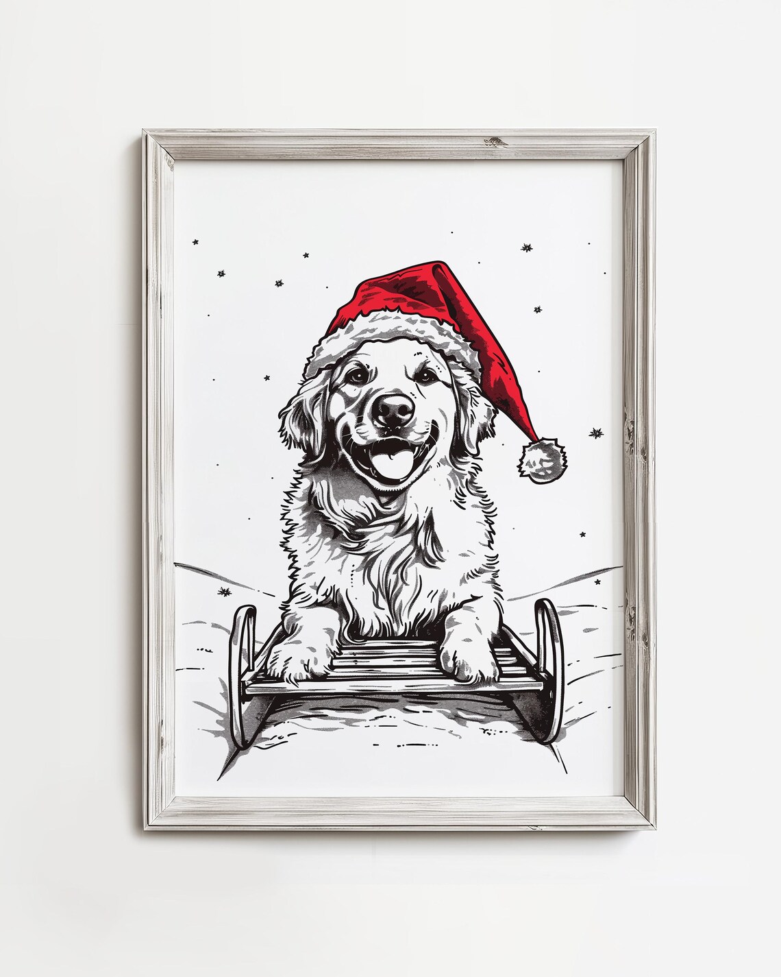 Golden Retriever Puppy Santa Hat Sled Cute Christmas Dog Sketch Wall Art