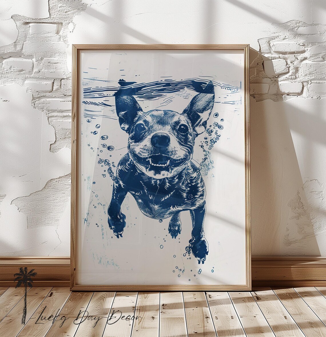 Smiling Dog Swimming Underwater Navy Ink Illustration Beach House Poster