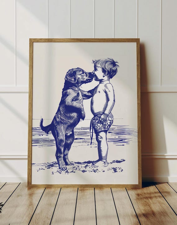 Wet Nose Puppy Boy On Beach Cute Vintage Coastal Home Nursery Room Wall Art Simple Navy Blue Sketch