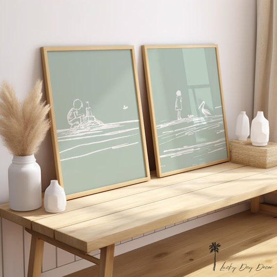 Childrens Coastal Day Beach Set Of 2 Simplistic Life Nursery Room Cottage Wall Art