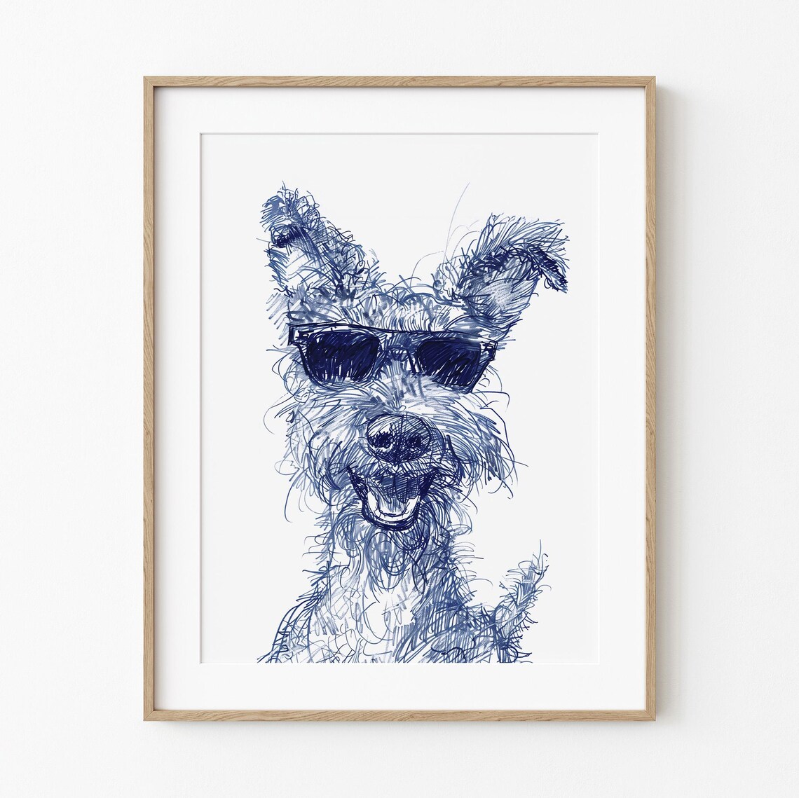 Cool Terrier Sunglasses Blue Ink Sketch Poster Funny Dog Humor Decor