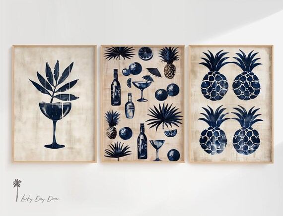 Navy Tropical Cocktail Trio Pineapple Bar Poster Set Beach Wall Decor