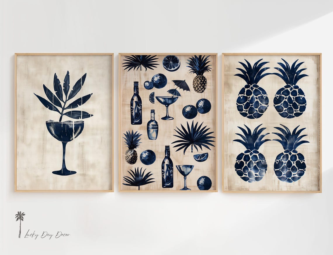 Navy Tropical Cocktail Trio Pineapple Bar Poster Set Beach Wall Decor