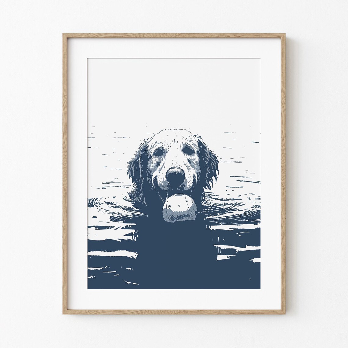 Golden Retriever Swimming with Ball Bold Navy Pop Art Dog Print