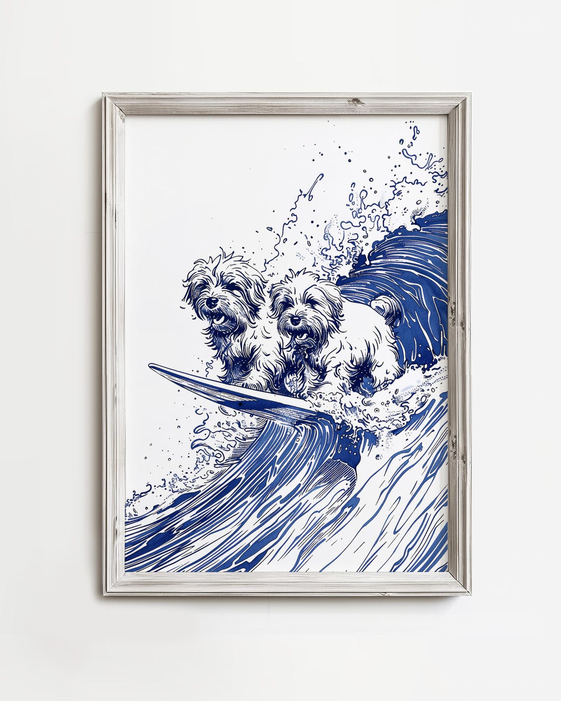 Two Dogs Surfing Big Wave Blue Fun Coastal Illustration Poster